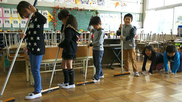 Los niños se dividen en grupos que asumen diferentes tareas de limpieza. Los niños se dividen en grupos que asumen diferentes tareas de limpieza.