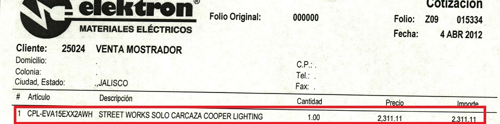 Cotización comercial de Elektron del Bajío. Detalle