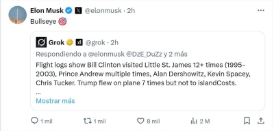 &quot;En la diana&quot;: Musk pregunta a la IA si Trump voló en el &#039;Lolita Express&#039; de Epstein
