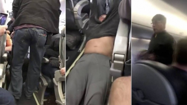 Tres momentos de la expulsión de David Dao del vuelo de United Airlines, el pasado domingo.