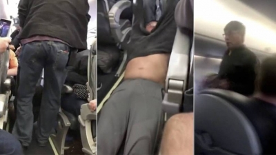 Tres momentos de la expulsión de David Dao del vuelo de United Airlines, el pasado domingo.