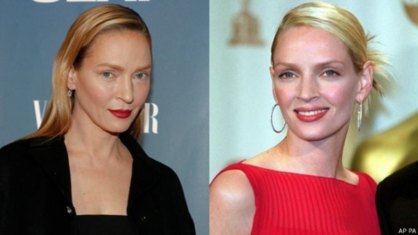 A la izquierda, la imagen de Uma Thurman que causó controversia. A la derecha, la actriz en el año 2000. 