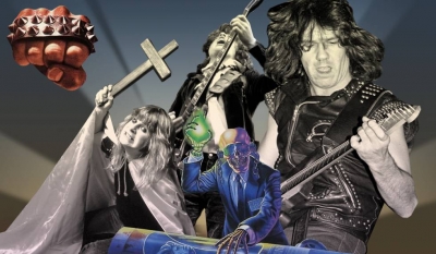 Montaje &#039;heavy&#039; con imágenes de discos de Barón Rojo, Megadeth, y fotografías de Ozzy Osbourne, Angus Young y Gary Moore. Montaje: Blanca López-Solorzano
