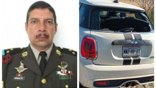 El coronel José Isidro Grimaldo y el vehículo en el que viajaba.