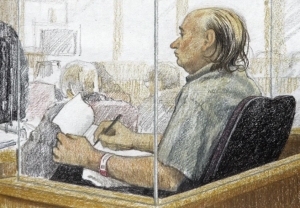 El boceto de este artista muestra al asesino en serie acusado Robert Pickton tomando notas durante el segundo día de su juicio en la Corte Suprema de Columbia Británica en New Westminster, Columbia Británica, el 31 de enero de 2006.