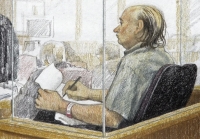 El boceto de este artista muestra al asesino en serie acusado Robert Pickton tomando notas durante el segundo día de su juicio en la Corte Suprema de Columbia Británica en New Westminster, Columbia Británica, el 31 de enero de 2006.