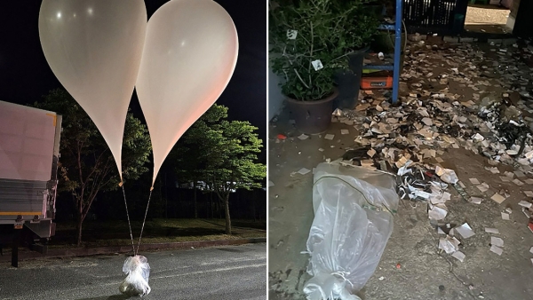 Globos con basura en una calle de la provincia de Chungnam, Corea del Sur, el 28 de mayo de 2024.
