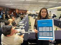 La senadora Cynthia Lopez Castro muestra un ejemplo de cómo sería la boleta para elegir a magistrados de la SCJN durante la discusión de la reforma judicial.