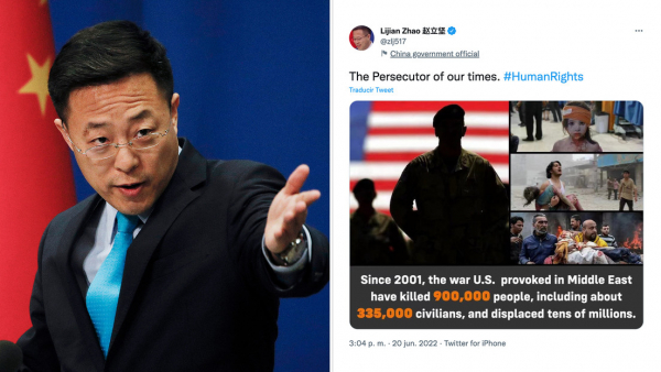 El portavoz del Ministerio de Exteriores de China, Zhao Lijian, y su reciente publicación en Twitter.